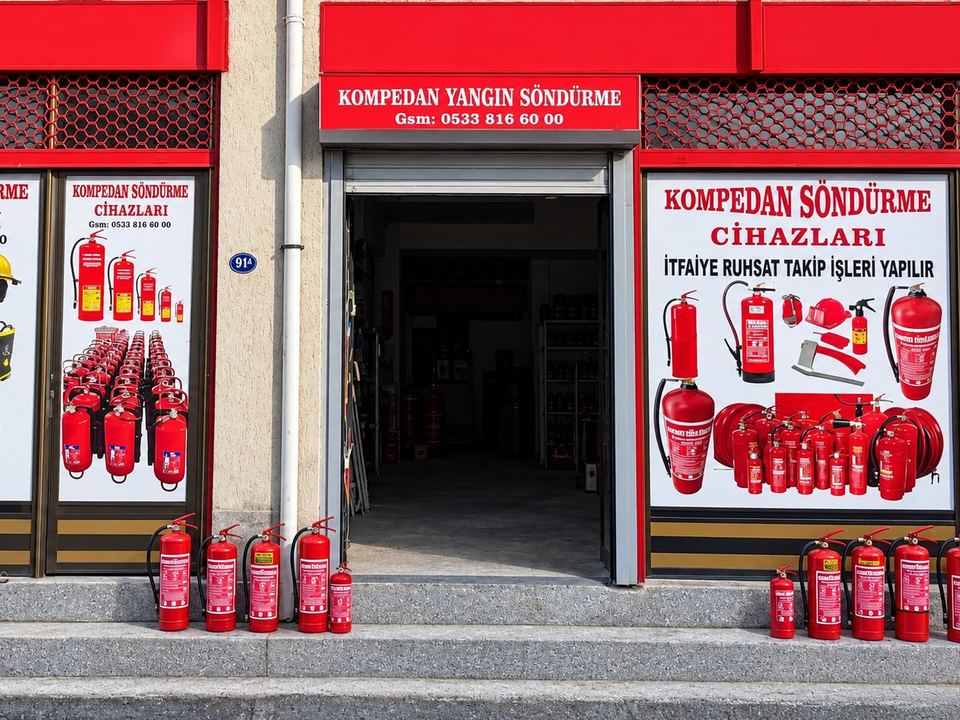Kompedan Yangın Söndürme dükkânının önden görünümü: “KOMPEDAN YANGIN SÖNDÜRME” tabelası, açık giriş kapısı, vitrinlerde ürün afişleri ve kapının önünde sıralanmış yangın söndürme tüpleri